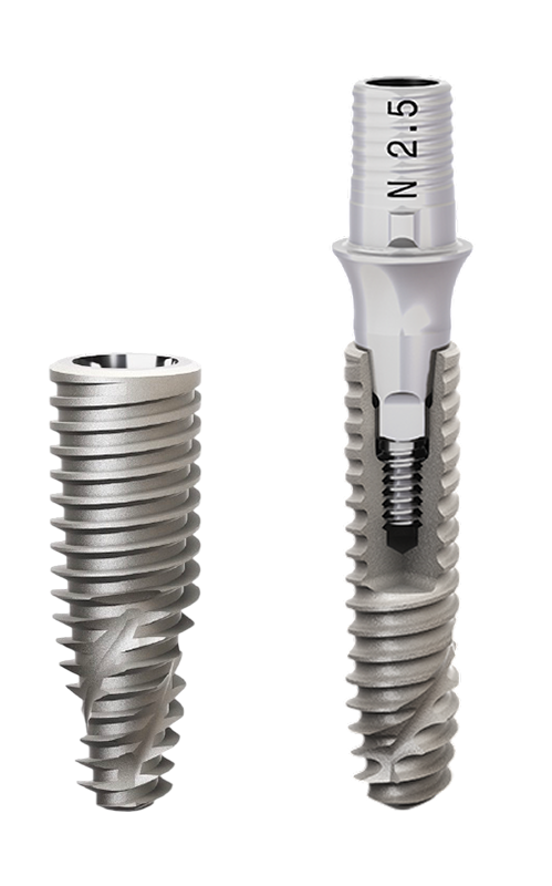 Implant dentystyczny przedstawiony w całości oraz w przekroju technicznym z widocznym połączeniem wewnętrznym.